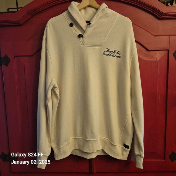 Sean John XL Ivory Dress Sweatshirt Cowl Style Button Neck Embroidered Sharp EUC - Picture 1 of 4